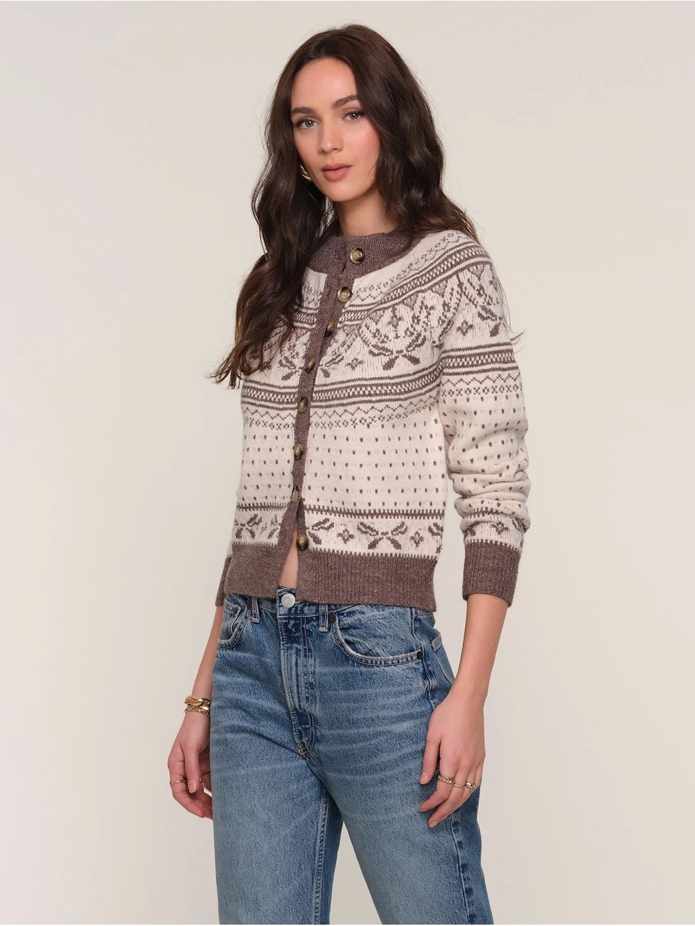 HEARTLOOM Morri Cream & Brown Fair Isle Button-Front Cardigan